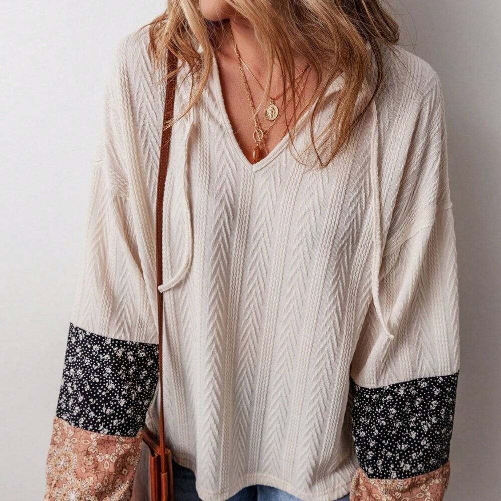 Beige Casual Women's multi Pattern Long Sleeve Loose V-Neck Pullover top